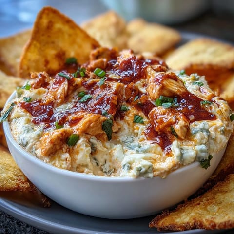 High-protein cottage cheese buffalo chicken dip served hot with crunchy celery sticks, tortilla chips, and carrot sticks for dipping.  