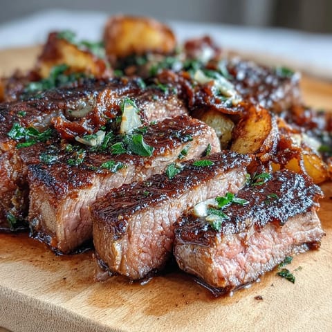 Tender steak cubes seared to perfection join buttery Yukon Gold potatoes in a fragrant garlic herb sauce, perfect for dinner.  