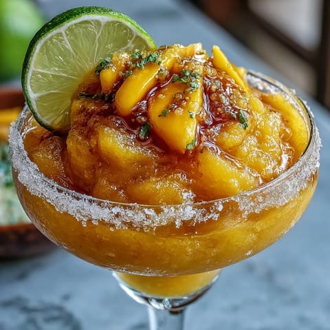 Frozen Mango Margarita Mocktail with lime wedges and salted rim in frosty glasses