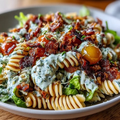 Creamy avocado ranch BLT pasta salad with crispy bacon, juicy tomatoes, and fresh lettuce in a vibrant summer dish.