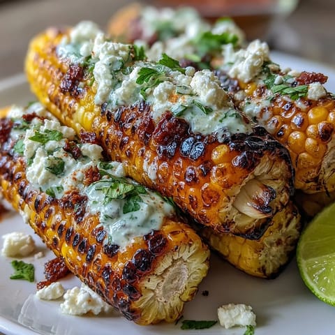 Grilled corn on the cob with creamy elote sauce, Cotija cheese, and chili powder for a classic Mexican street food flavor.
