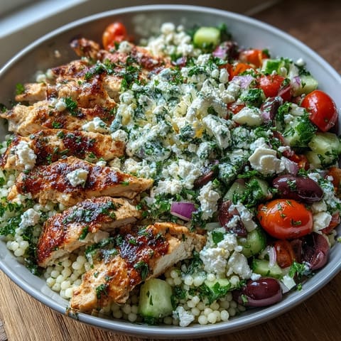 Freshly grilled lemon-feta chicken strips rest on vibrant Mediterranean Pearl Couscous Chicken Bowls with cucumbers and tomatoes.