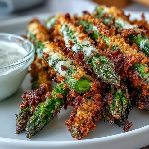 Crispy Chili-Garlic Asparagus Fries with golden panko, Asiago cheese, and a spicy sriracha mayo dip, served hot and crunchy.
