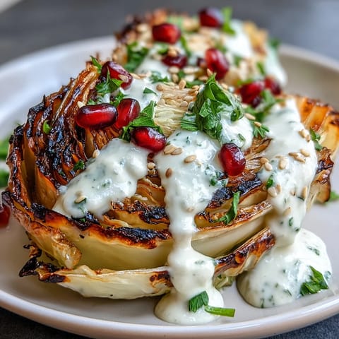 Smoky grilled cabbage with nutty tahini, bright parsley, and ruby-red pomegranate seeds for a vibrant, healthy side dish.
