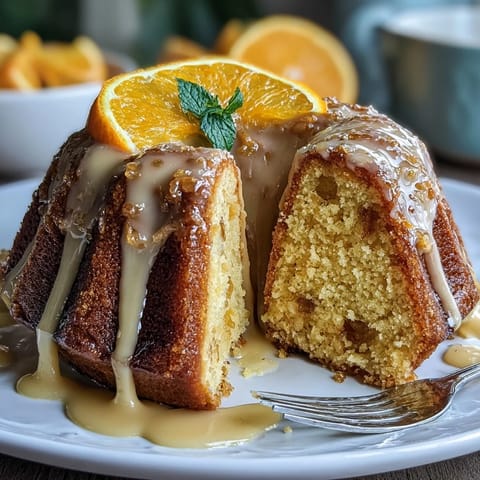 A vibrant whole orange cake with bright citrus aroma, moist texture, and golden crust, dusted with powdered sugar for a simple finish.