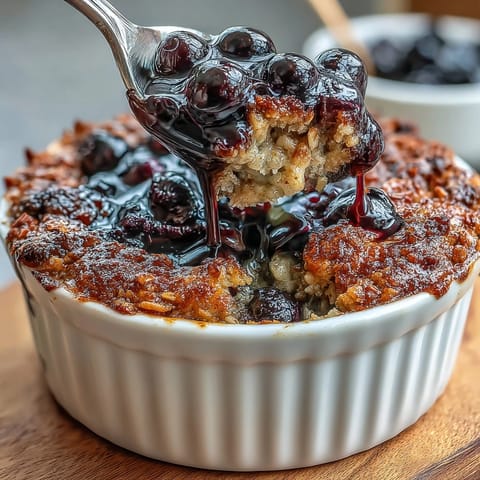 Warm, baked oatmeal studded with juicy blueberries and a hint of maple sweetness, ready for a cozy breakfast.