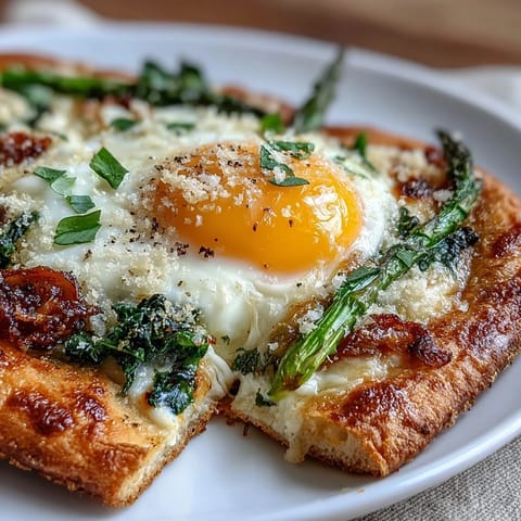 Asparagus and egg flatbread with tender spears, runny eggs, and melted parmesan on a golden crust.