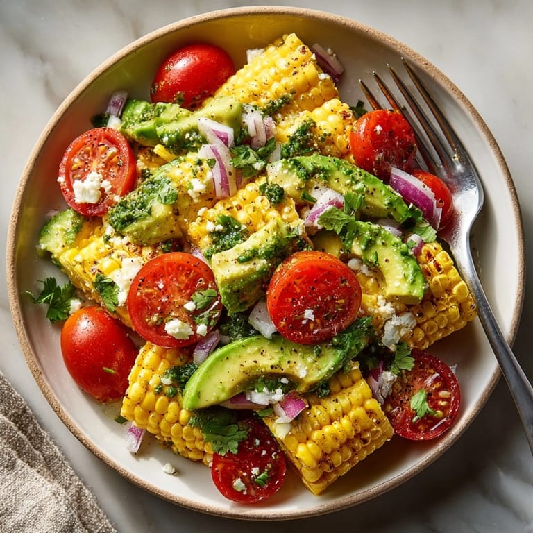 Vibrant Grilled Corn Avocado Salad: creamy avocado, charred corn, lime vinaigrette drizzle.