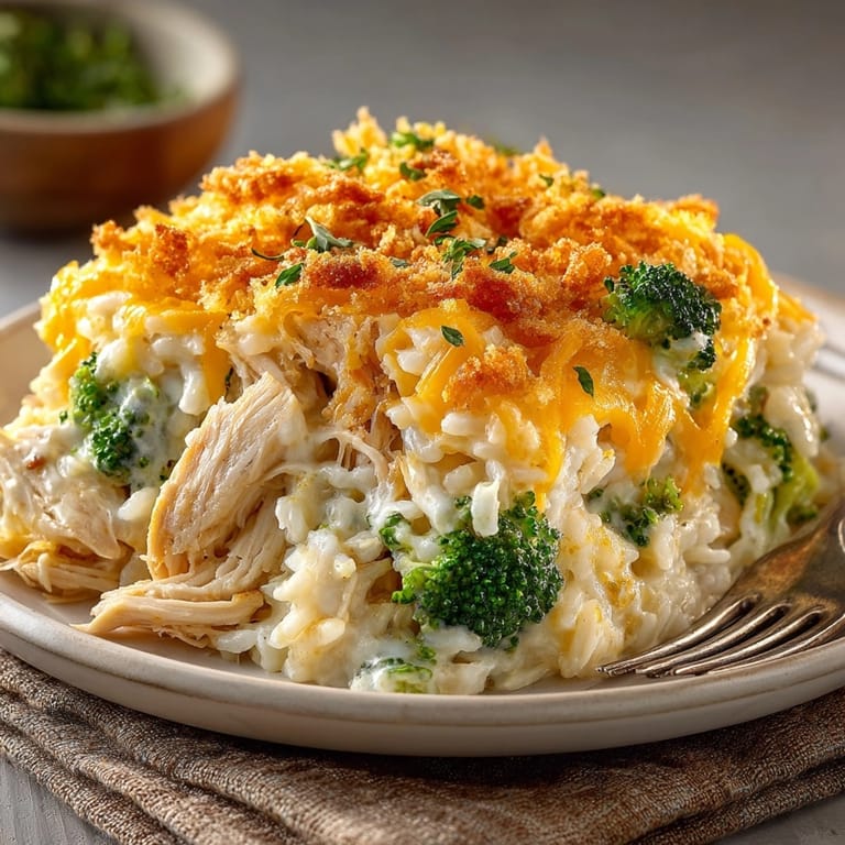 Golden brown Cheesy Chicken and Rice Casserole: savory chicken, tender rice, cheesy topping.