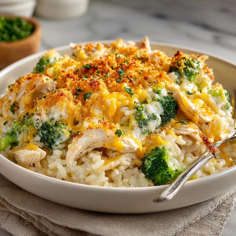 Hot Cheesy Chicken and Rice Casserole, ready to serve, with steam rising from the dish.