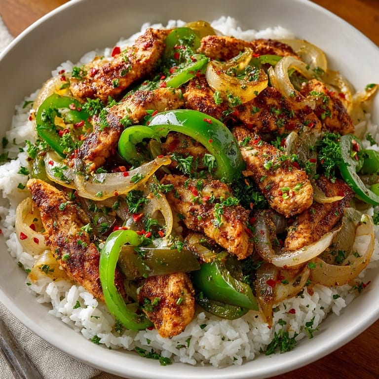 Close-up of the hot, seasoned Spicy Cajun Chicken and Rice Skillet ready to serve.