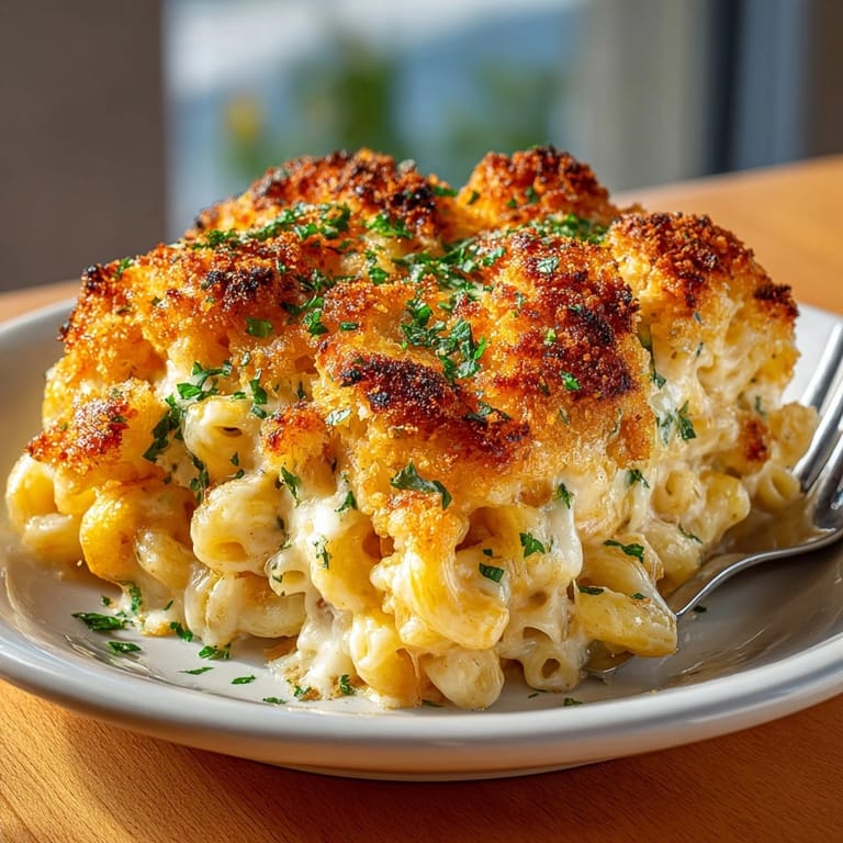 Close-up of Tini&amp;#8217;s Mac and Cheese: a rich cheddar bake with crisp, buttery breadcrumbs.
