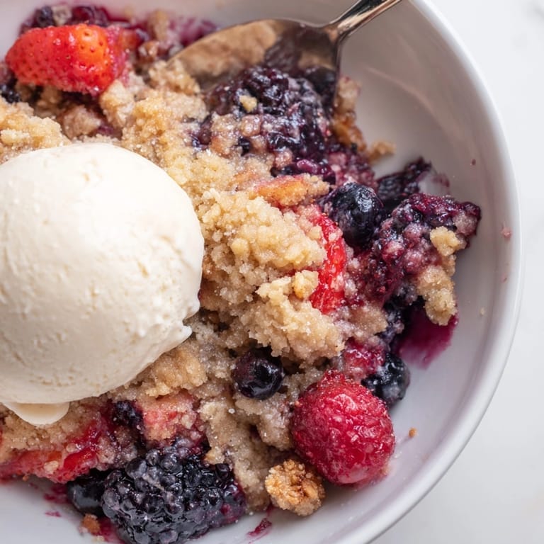 A spoonful of warm Berry Crumble with vanilla ice cream, an irresistible dessert.