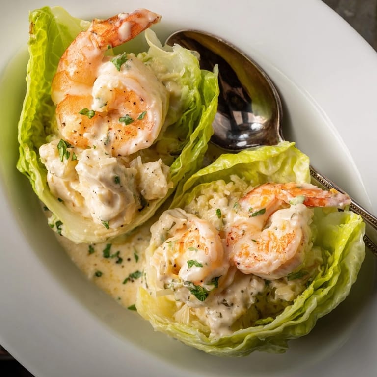Easy Shrimp Alfredo Cabbage Cups recipe: Bite-sized delights with garlicky cream and Parmesan touch.