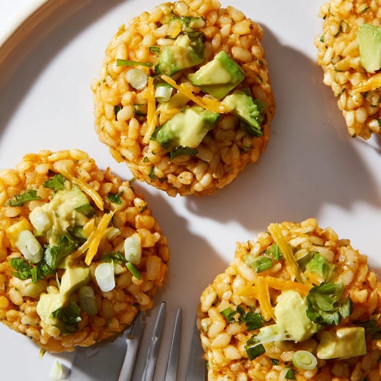 Delicious Avocado Cheddar Rice Cakes, plated over salsa, ready for brunch.