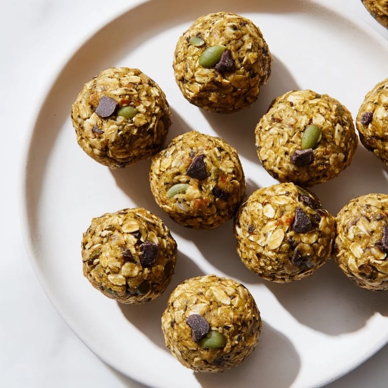 Energizing pumpkin energy balls infused with earthy matcha and warming spices.  