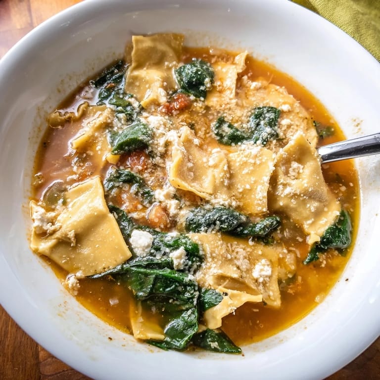 Quick and easy lasagna soup served hot, full of creamy ricotta and veggies.