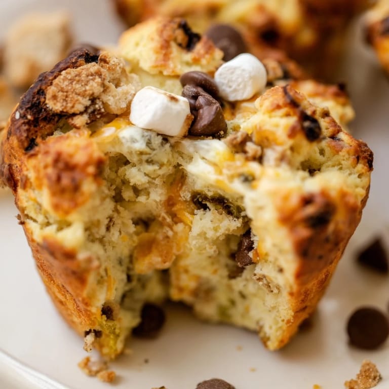 Deliciously warm Smores Cheesy Jalapeño Biscuit Muffins with melted marshmallows and cheese.