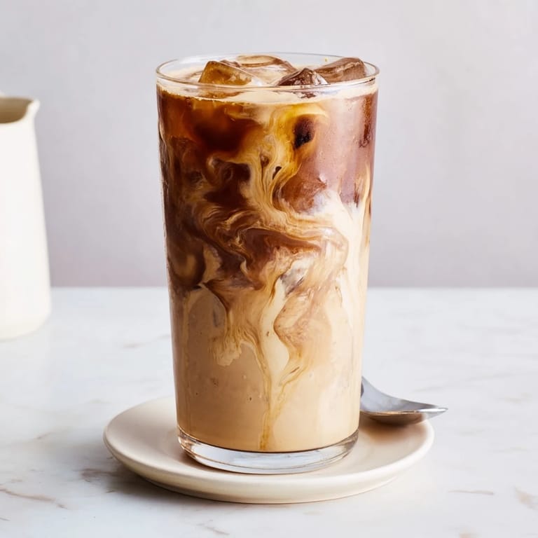 Creamy Tahini Iced Coffee blend topped with plant-based milk and cocoa dusting.  