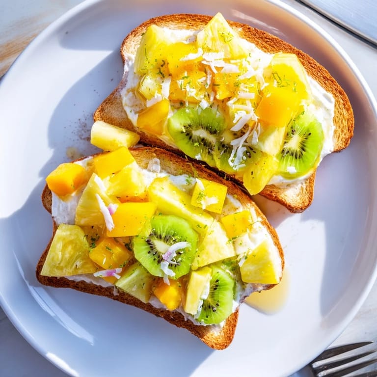 Deliciously baked yogurt-custard toast garnished with kiwi and shredded coconut for brunch.