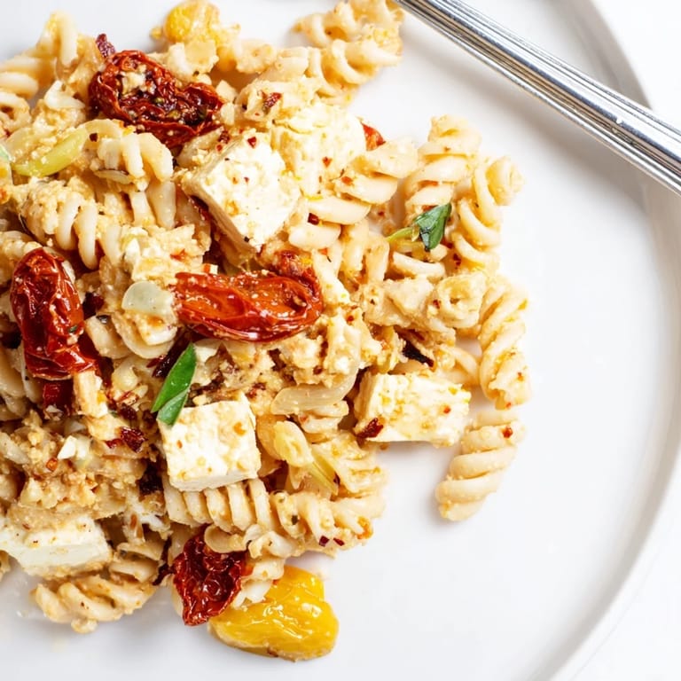 Creamy baked feta pasta served with fresh basil and vibrant cherry tomatoes.  