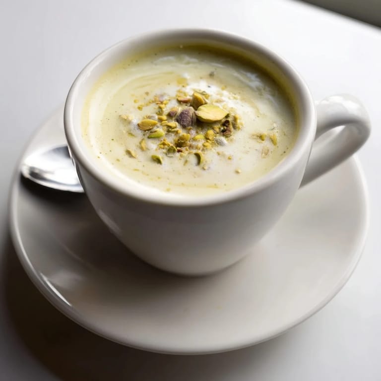 Homemade pistachio milk latte garnished with pistachios, a true café indulgence.