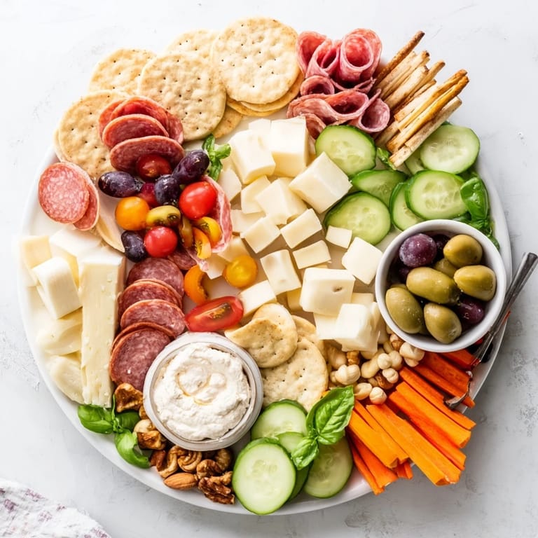 Artfully arranged girl dinner platter showcases snacks, cheeses, and vibrant fresh vegetables.  
