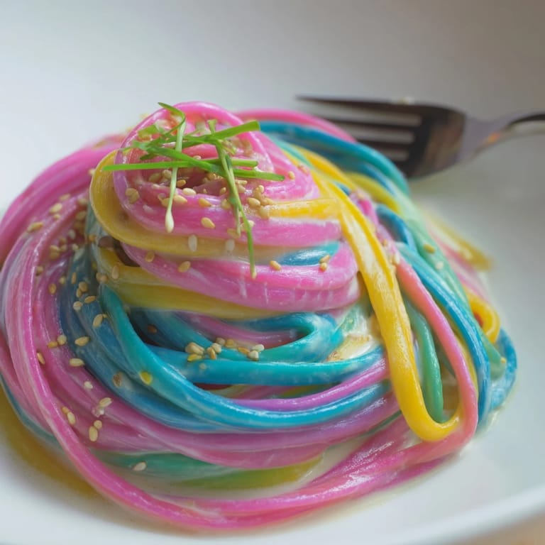Vibrant Neon Noodle Cloud served with scallions and edible flowers for a whimsical touch.  