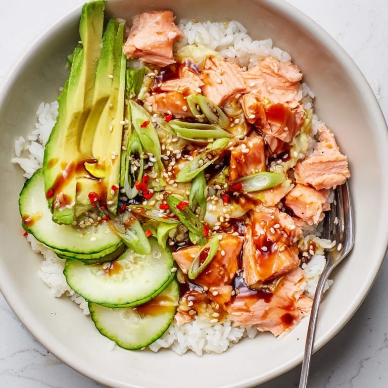 Flavorful Leftover Salmon & Rice Bowl drizzled with soy sauce and sesame oil.  