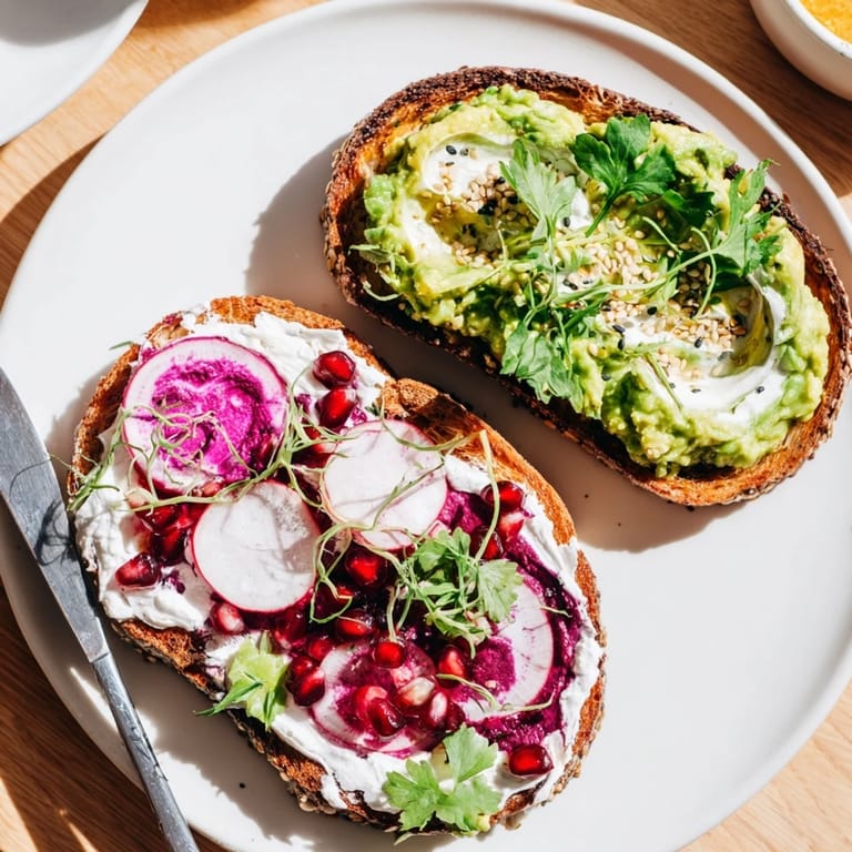 Colorful breakfast toasts featuring ube halaya and fresh radishes for a lively meal.