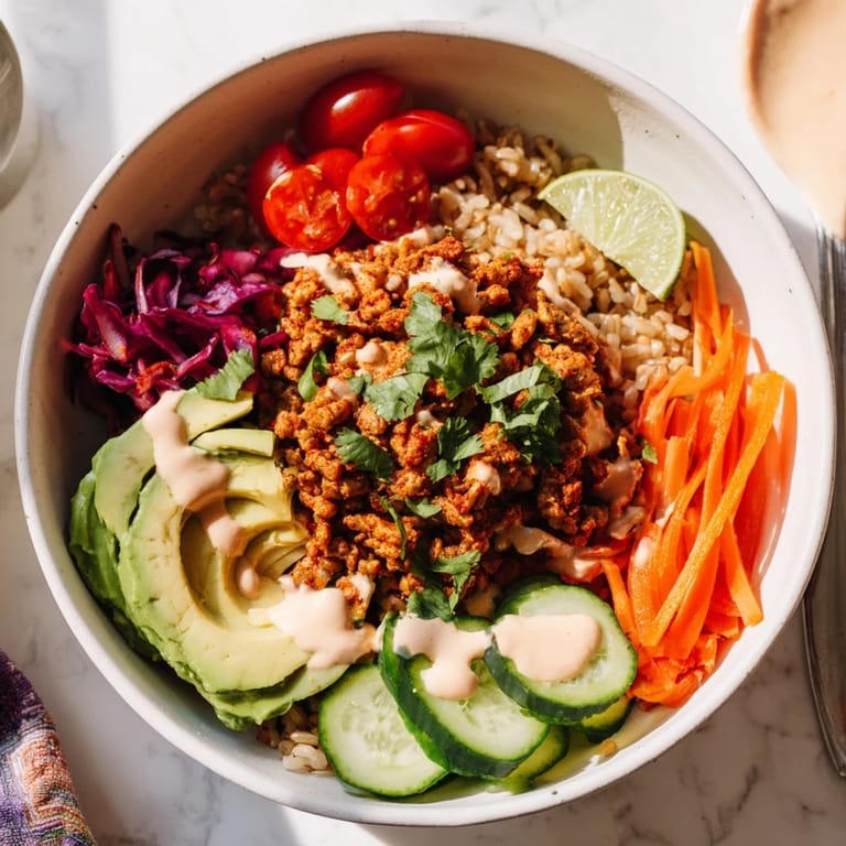 Delicious plant-based meat bowl featuring avocado, cherry tomatoes, and spicy mayo drizzle.