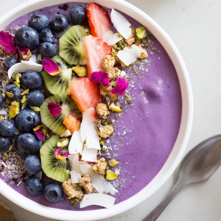 A colorful Vibrant Smoothie Bowl with purple yam, bananas, and pistachio for a delicious breakfast.