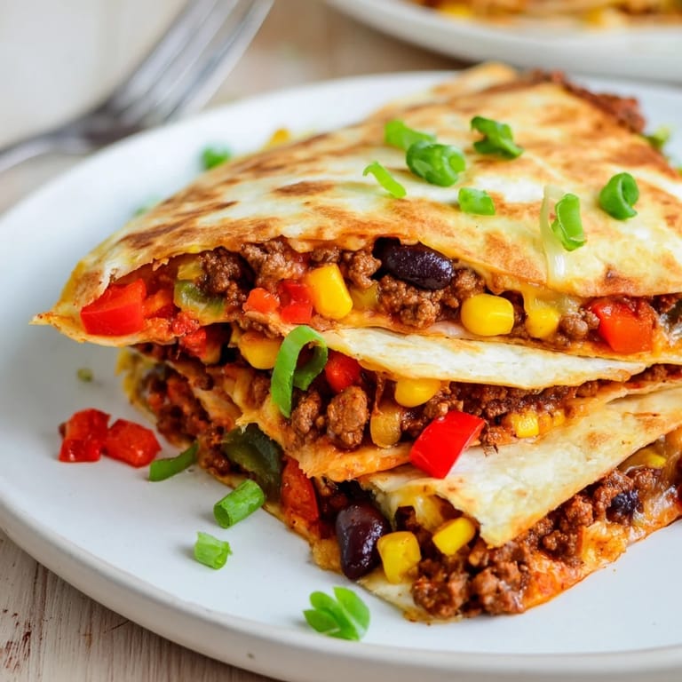 Savory sheet pan quesadillas filled with seasoned beef, melted cheese, and fresh ingredients.  
