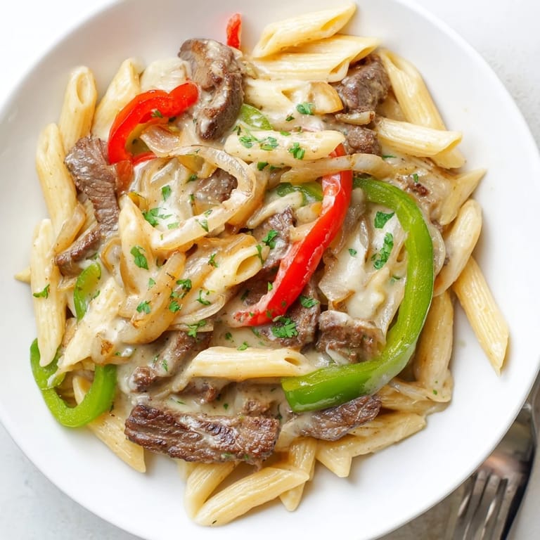 Deliciously creamy Philly Cheese Steak Pasta topped with fresh parsley for garnish.