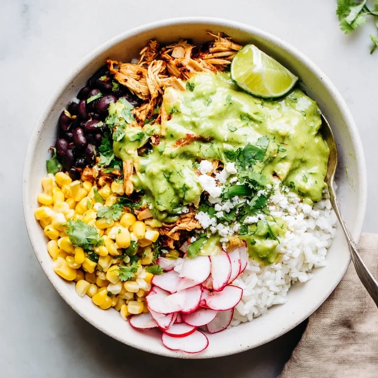 Zesty Green Enchiladas Rice Bowl featuring tender chicken and vibrant toppings in a cozy dish.  