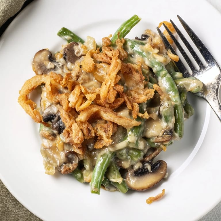 Nostalgic Old-School Green Bean Casserole topped with golden fried onions, perfect for family dinners.  