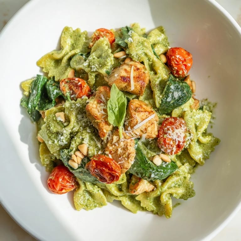 Savory pesto chicken bowtie pasta with a sprinkle of Parmesan, perfect for a cozy meal tonight.