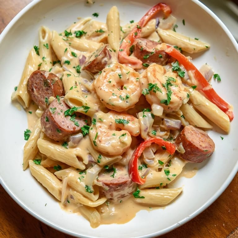 A close-up of a delightful Cajun sausage & shrimp Alfredo pasta skillet, ready to serve with fresh parsley.