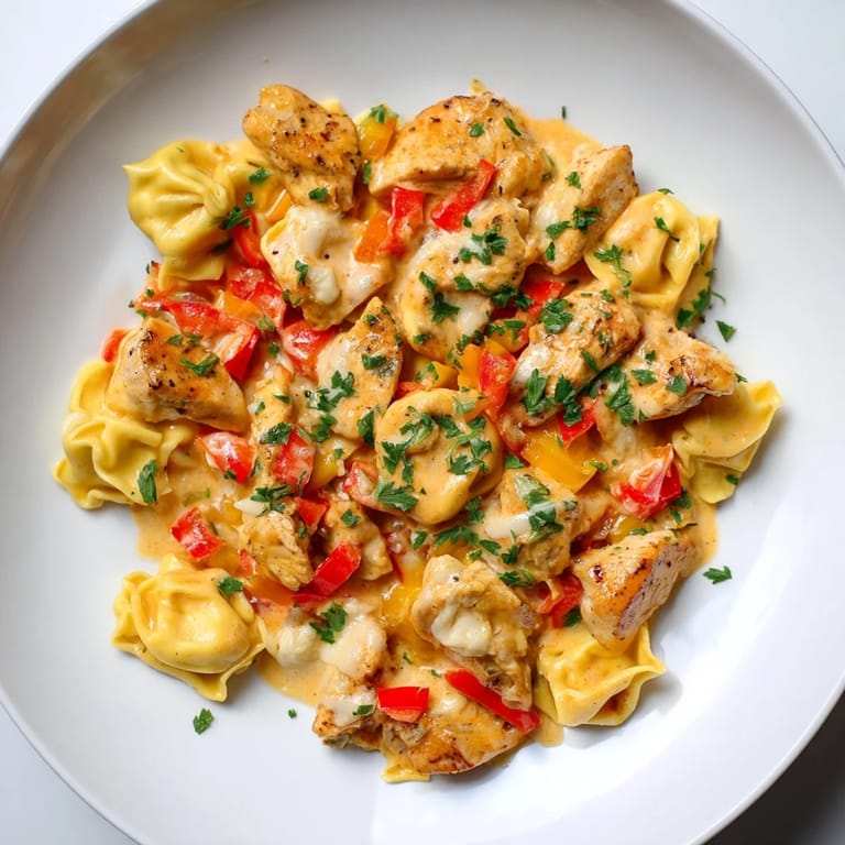 A plated, vibrant Zesty Cajun Garlic Parmesan Chicken Tortellini dish with a sprinkle of fresh green herbs.
