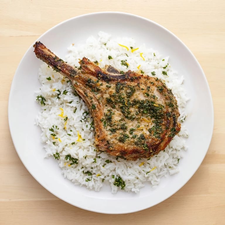 Close-up of baked Parmesan Herb Pork Chops, herbs visible on a golden crust, with fluffy rice.