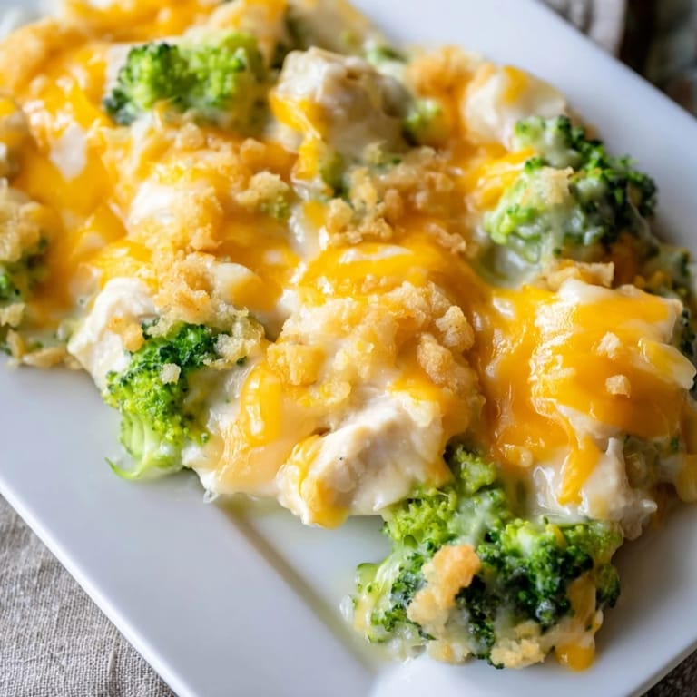 A creamy, cheesy cheddar broccoli chicken bake, ready to serve with flavorful chicken and broccoli.