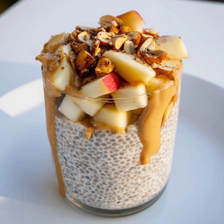 Delicious, healthy Apple-Chia Pudding with Peanut Butter, chilled and ready to eat, a quick and easy snack.