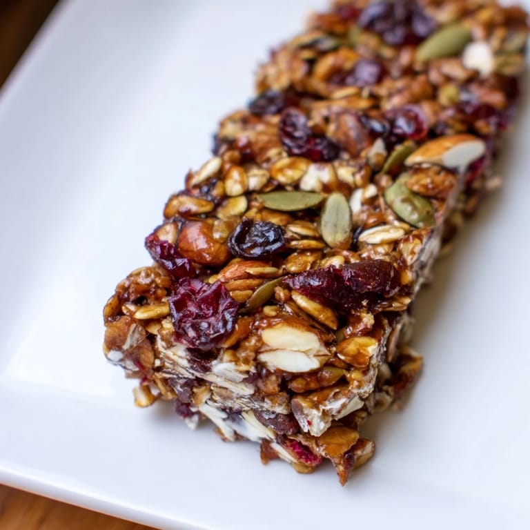 Close-up of hearty Roasted Pumpkin Seed & Cranberry Granola Bars showcasing a beautiful array of ingredients.