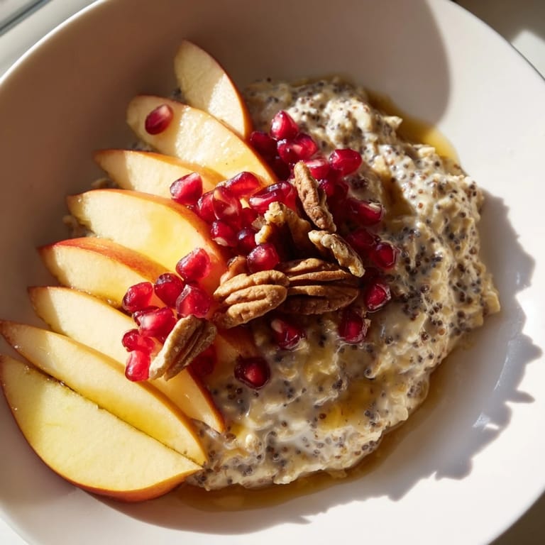 Overnight Oats with Persimmon, Pomegranate, and chia seeds: a healthy, vibrant breakfast ready to enjoy.