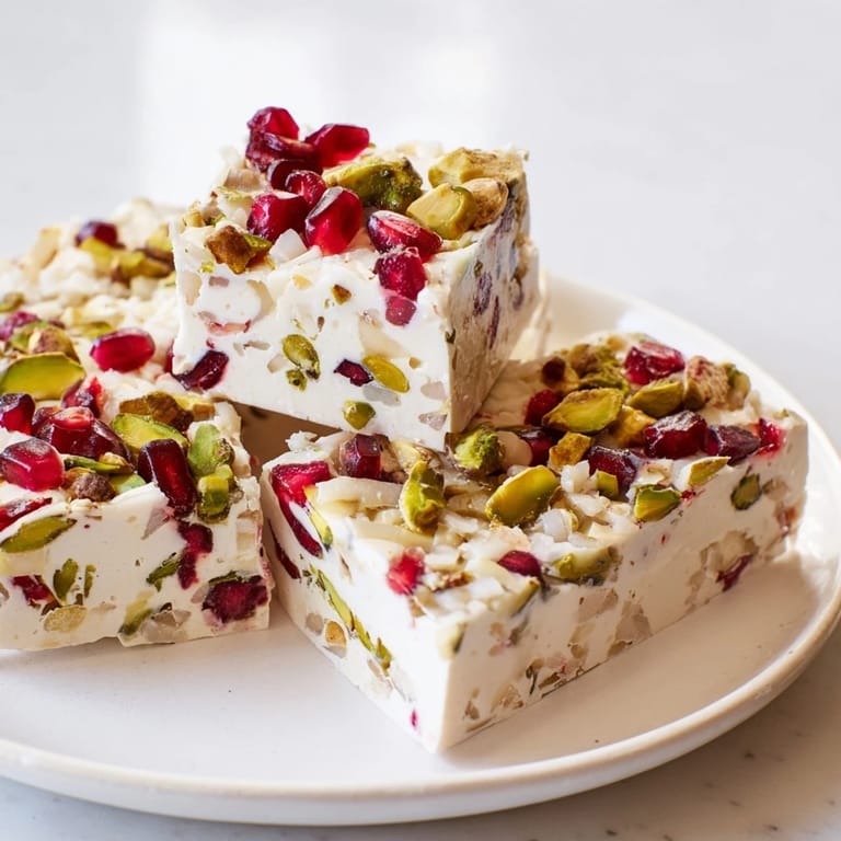 Homemade frozen yogurt bark, showcasing bright red pomegranate seeds with chopped pistachios.