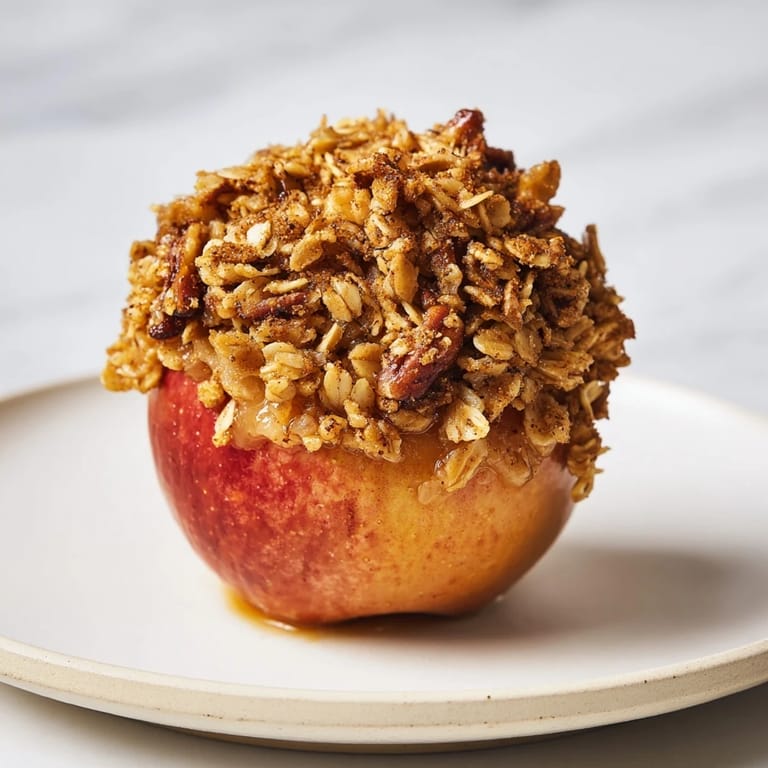 A close-up of tender Baked Apples with Oat-Nut Crumble, showing the sweet, wholesome filling.