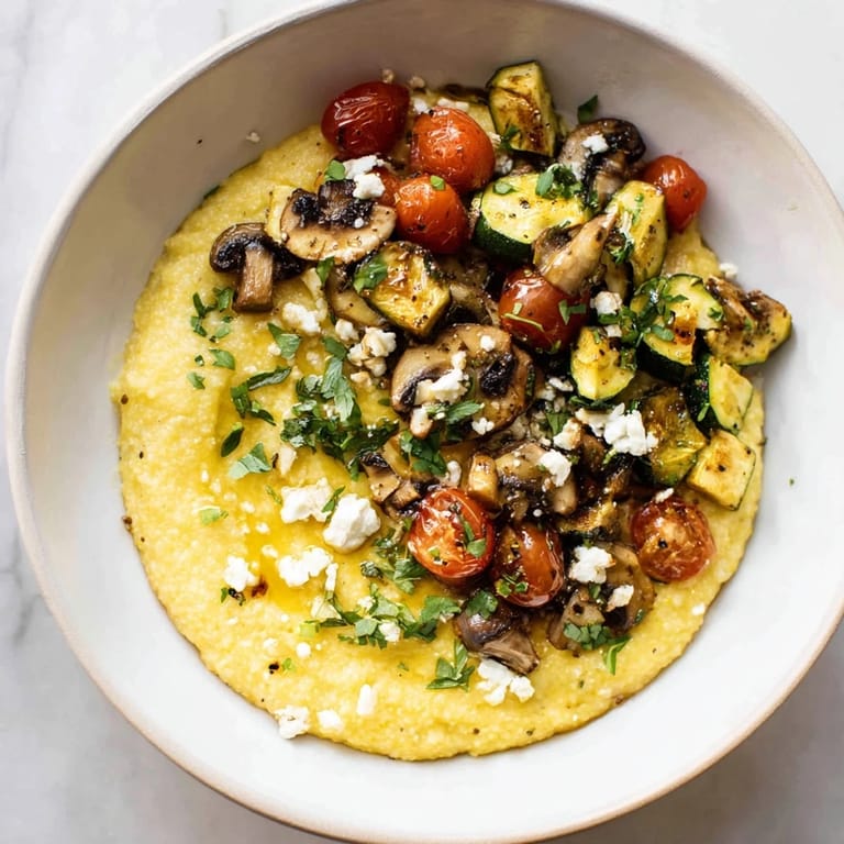 A close-up of a Cornmeal Mush Polenta Bowl, flavorful and inviting with roasted veggies and egg.