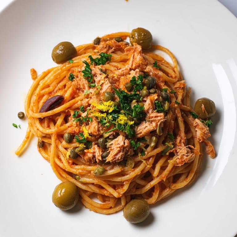 Delicious pasta with Tuna, Olives & Capers; imagine the briny olives and capers with al dente pasta.