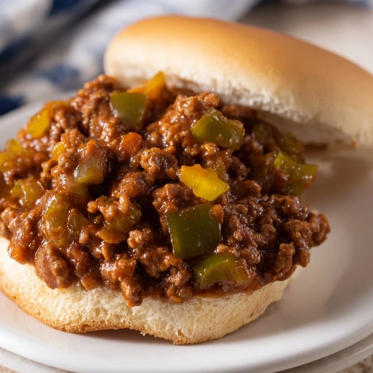 Close-up of classic Sloppy Joes: ground beef in a rich tomato sauce, perfectly portioned.