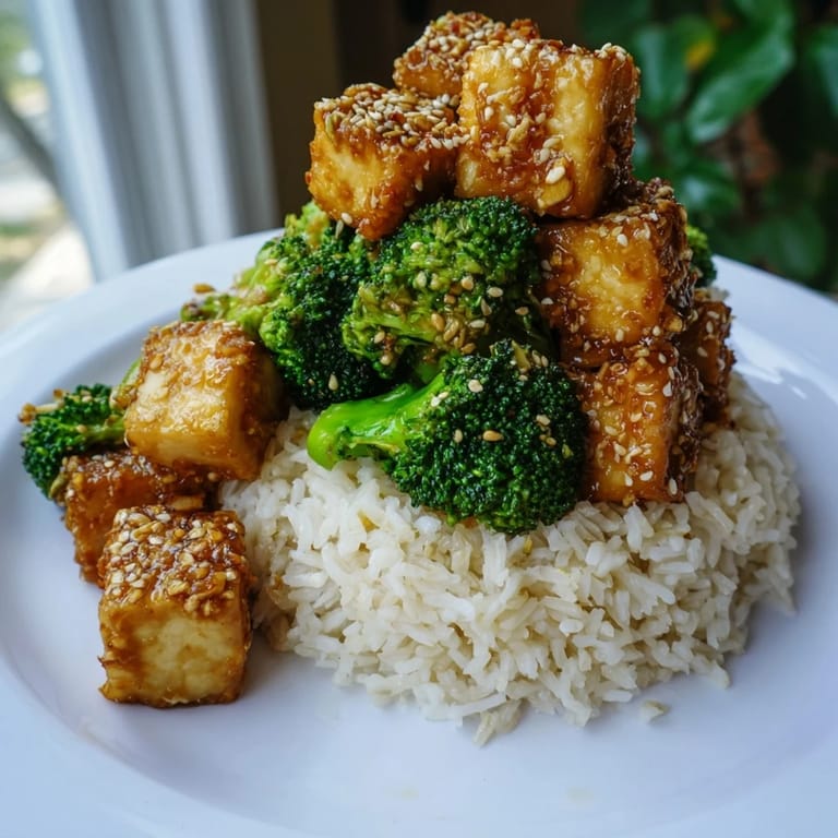 A steaming bowl of sesame tofu and broccoli, a vibrant vegetarian meal, ready to enjoy.